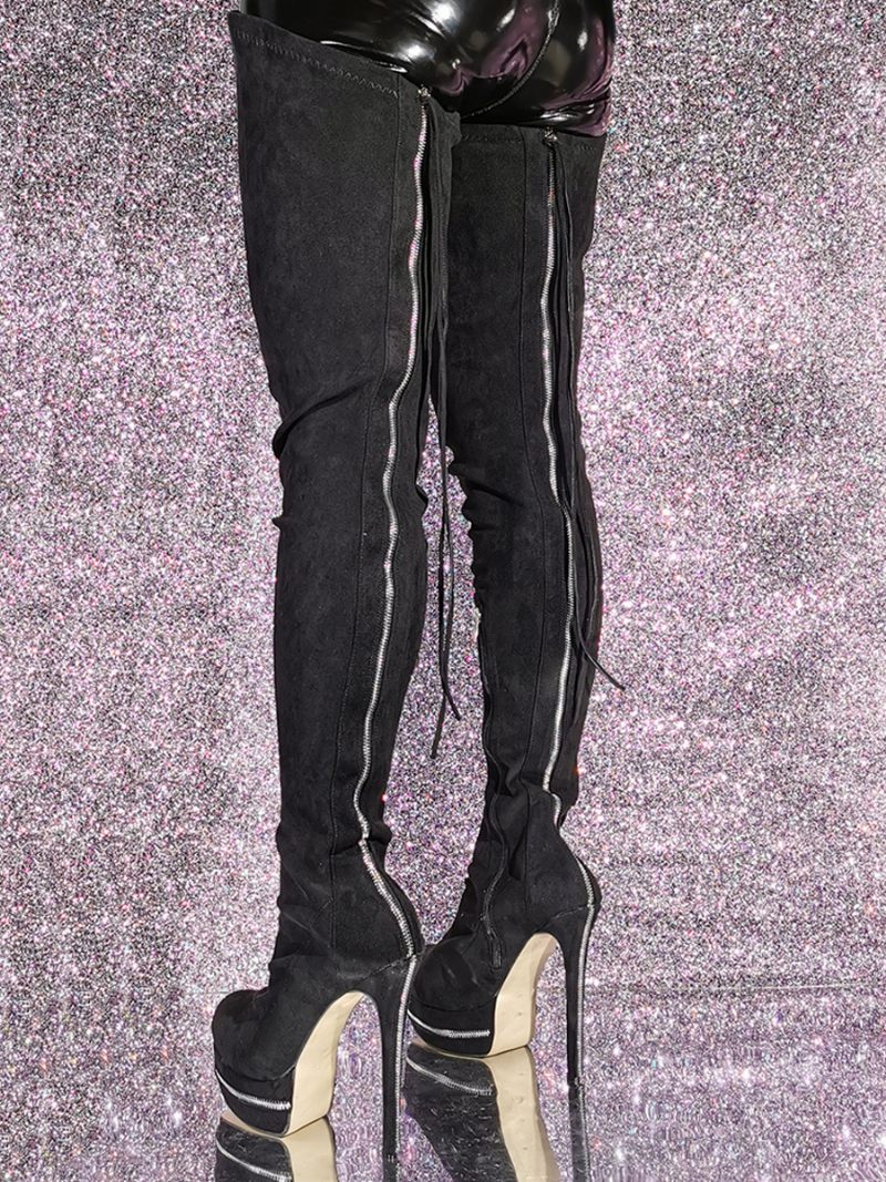 Cuissardes Daim Pour Femmes Bottes À Plateforme Noire Talons Hauts Au-dessus Du Genou - Noir