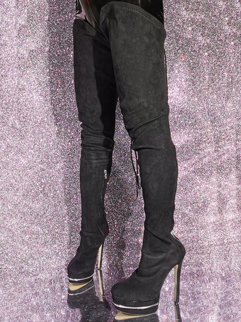 Cuissardes Daim Pour Femmes Bottes À Plateforme Noire Talons Hauts Au-dessus Du Genou - Noir