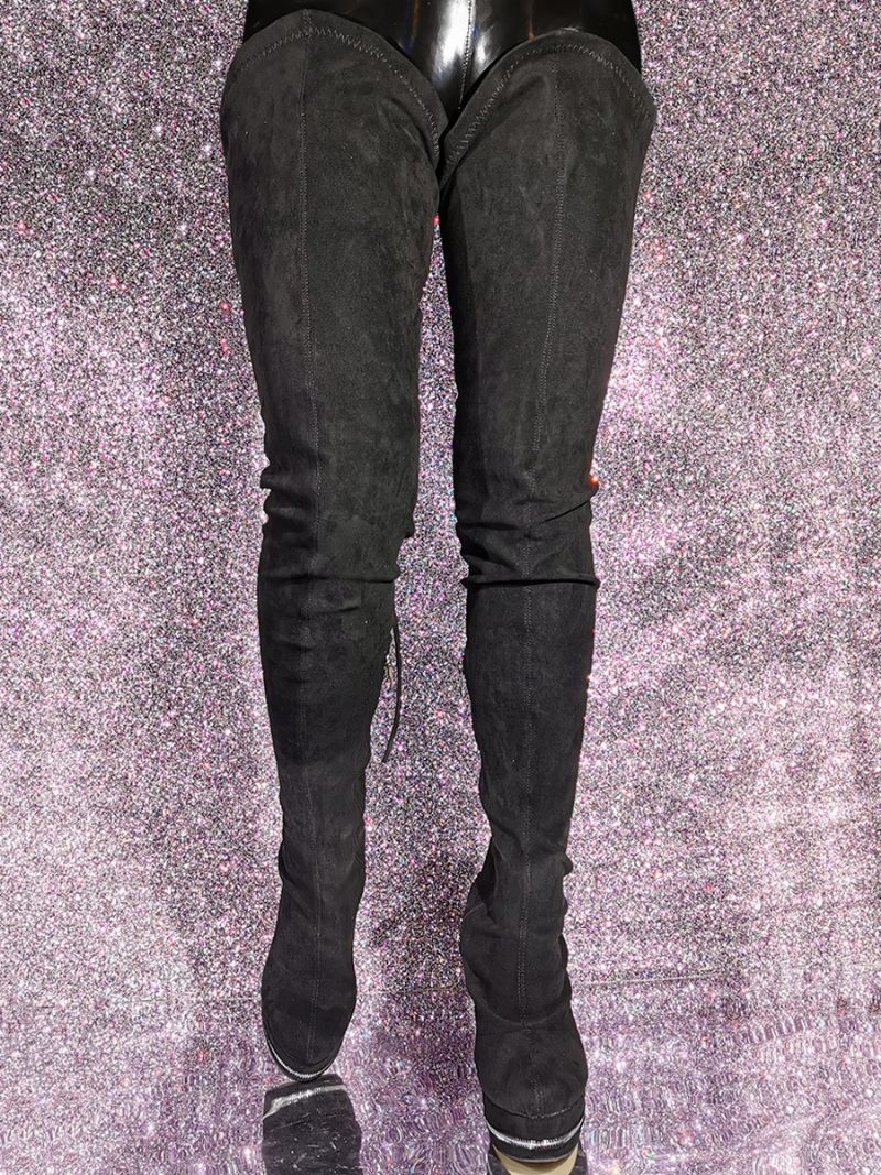 Cuissardes Daim Pour Femmes Bottes À Plateforme Noire Talons Hauts Au-dessus Du Genou - Noir