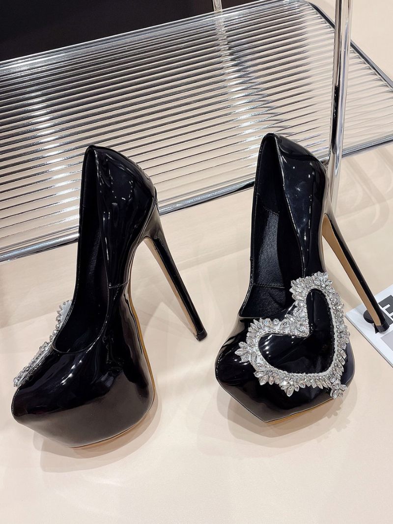 Escarpins Sexy À Talons Hauts Avec Strass Et Aiguilles Cuir Verni Pour Femmes - Noir