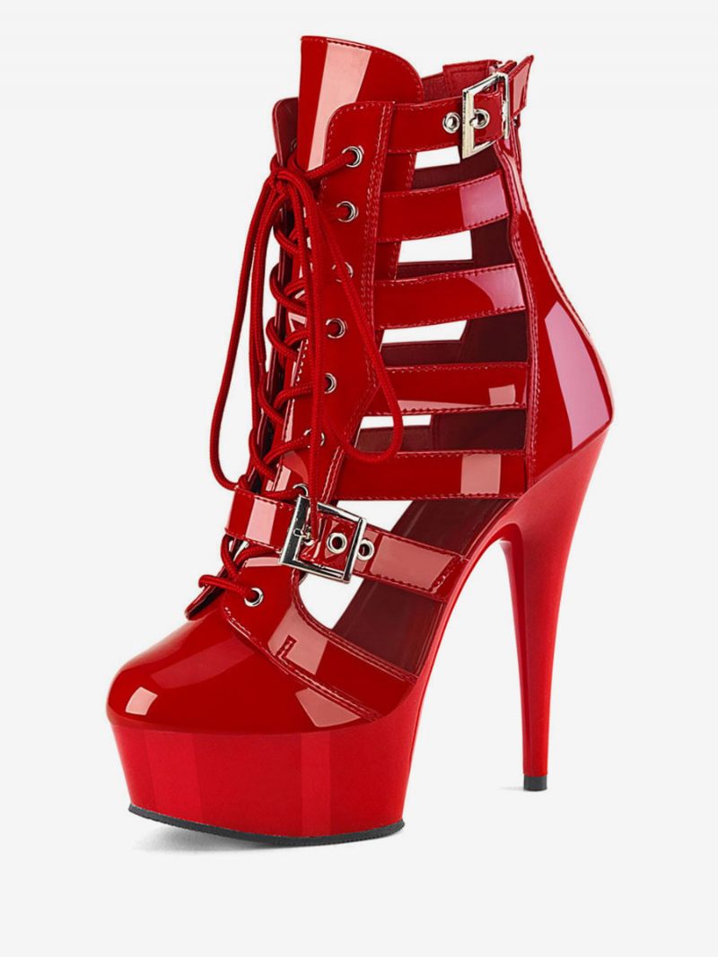 Femmes Bottes Sexy Bout Rond À Lacets Boucle Rayures Talon Aiguille Pôle Chaussures Danse - Rouge