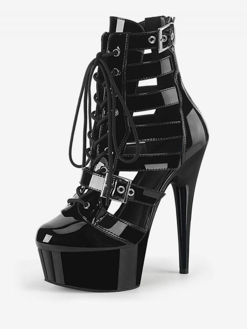Femmes Bottes Sexy Bout Rond À Lacets Boucle Rayures Talon Aiguille Pôle Chaussures Danse - Noir