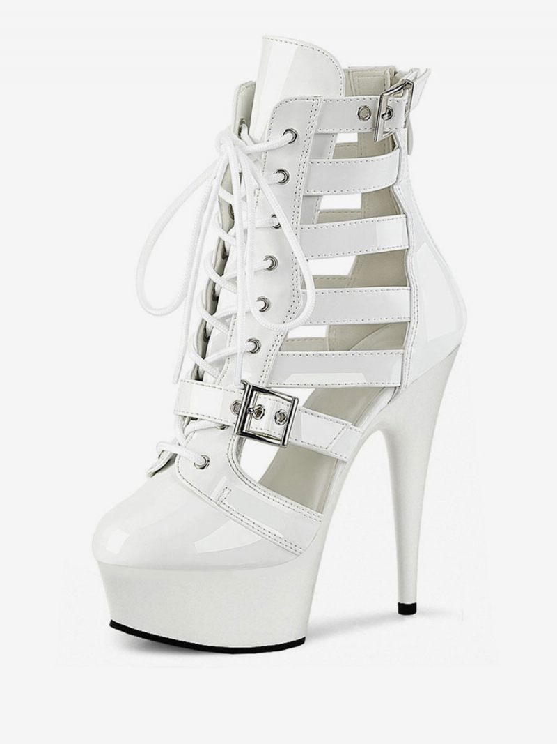 Femmes Bottes Sexy Bout Rond À Lacets Boucle Rayures Talon Aiguille Pôle Chaussures Danse - Blanc