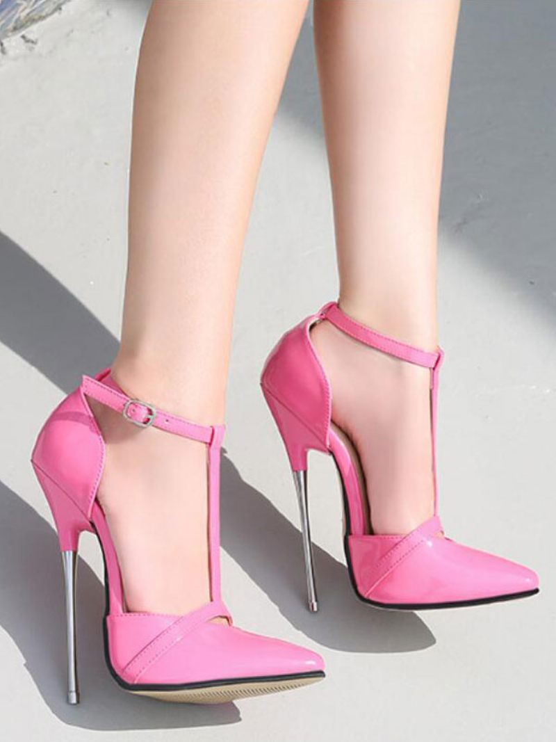 Femmes Rose Talons Hauts Magenta Bout Pointu Chaussures Sexy Talon Aiguille Cuir Pu Bride À La Cheville