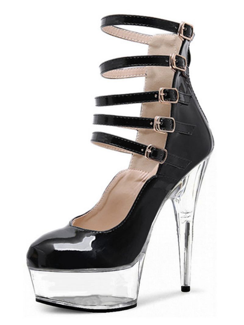 Femmes Sexy Talons Hauts Noir Bout Rond Boucle Talon Aiguille Ciel Haut Bride À La Cheville - Transparent