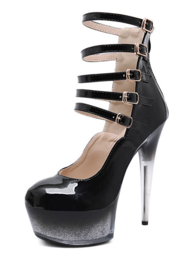 Femmes Sexy Talons Hauts Noir Bout Rond Boucle Talon Aiguille Ciel Haut Bride À La Cheville - Ombre