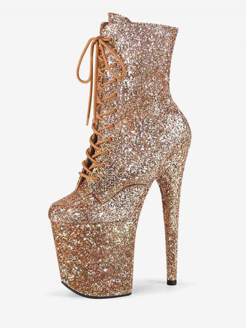 Pole Chaussures Danse Bottines À Lacets Et Talons Aiguilles Pour Femme Avec Plateforme 10.2 cm - Or