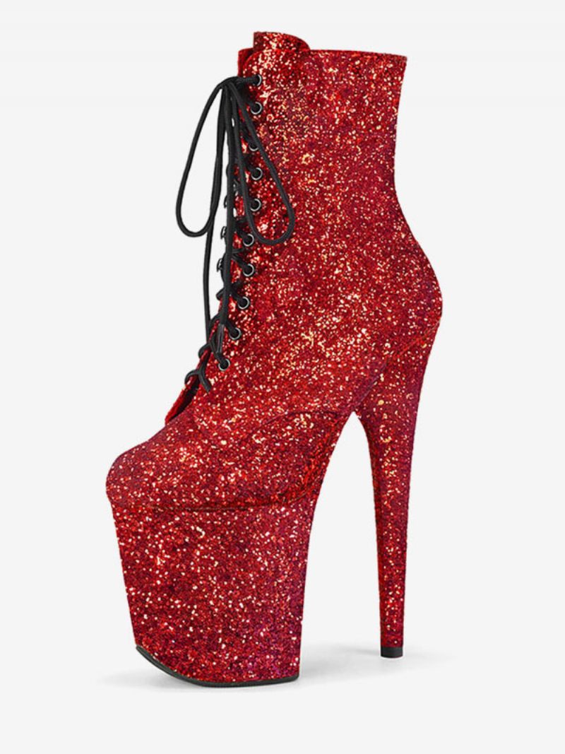 Pole Chaussures Danse Bottines À Lacets Et Talons Aiguilles Pour Femme Avec Plateforme 10.2 cm - Rouge