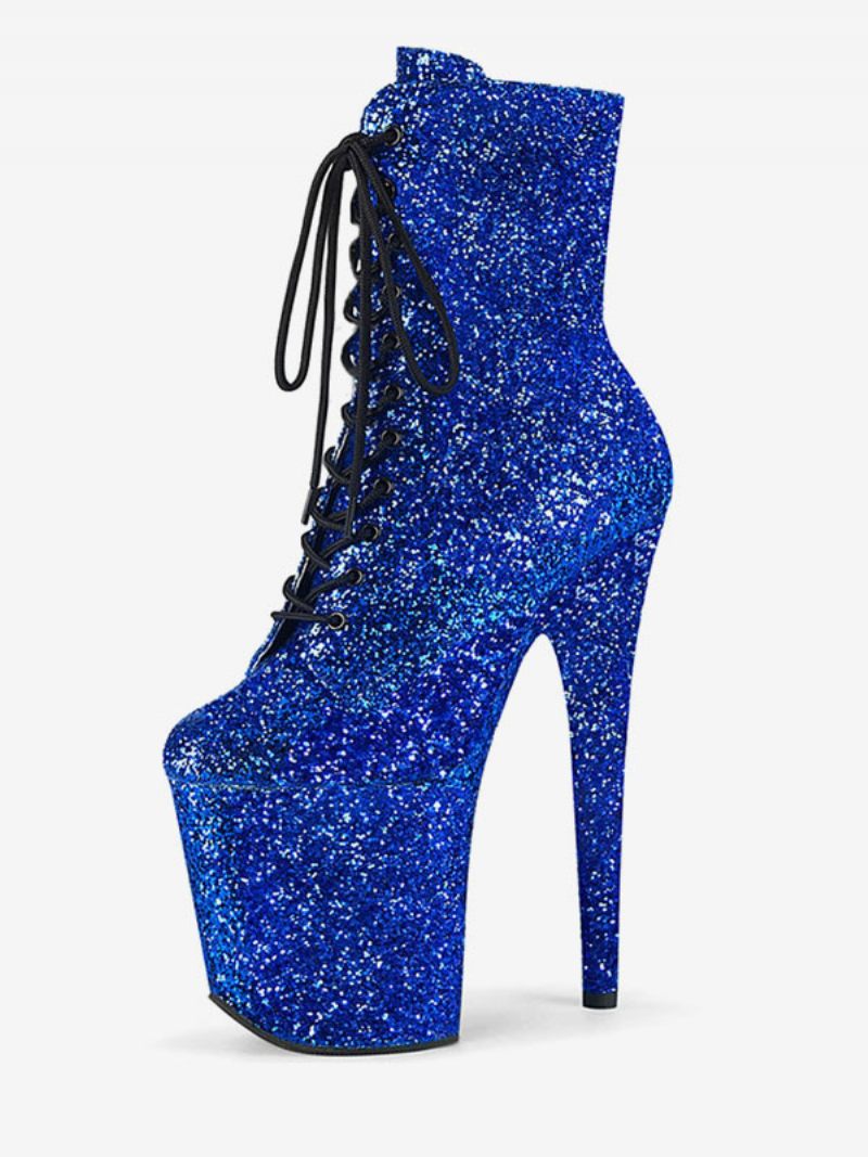 Pole Chaussures Danse Bottines À Lacets Et Talons Aiguilles Pour Femme Avec Plateforme 10.2 cm - Bleu