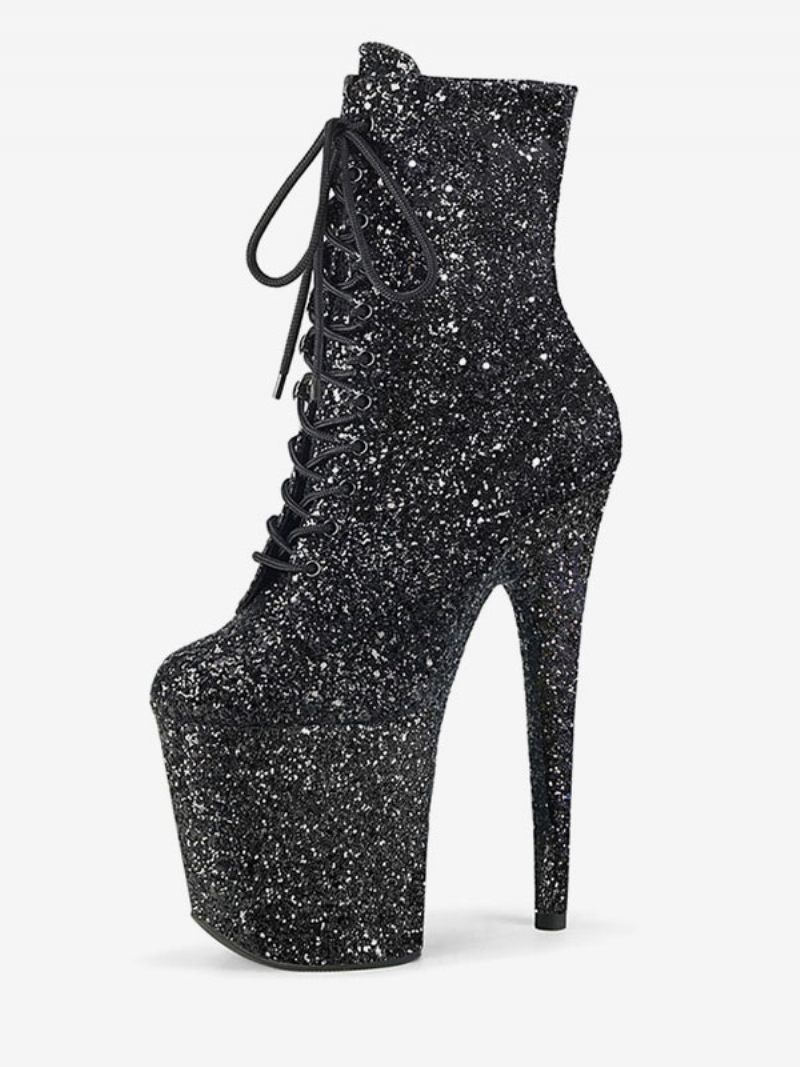 Pole Chaussures Danse Bottines À Lacets Et Talons Aiguilles Pour Femme Avec Plateforme 10.2 cm - Noir