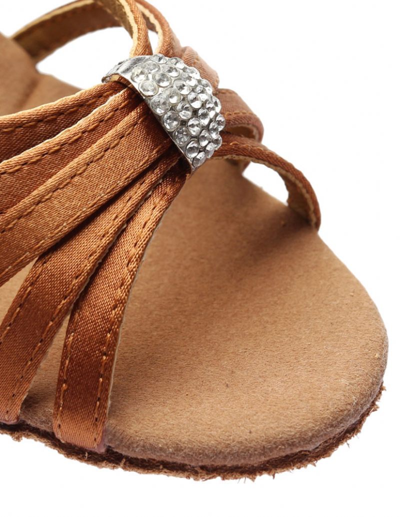 Sandales Danse Latine Pour Femmes Bretelles Découpées Talons Satin Chaussures Salon - Brun Foncé