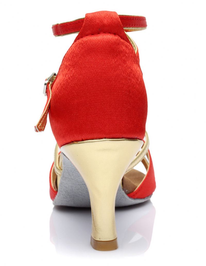 Sandales Danse Latine Multicolores Pour Femmes Brides Talons Satin - Rouge