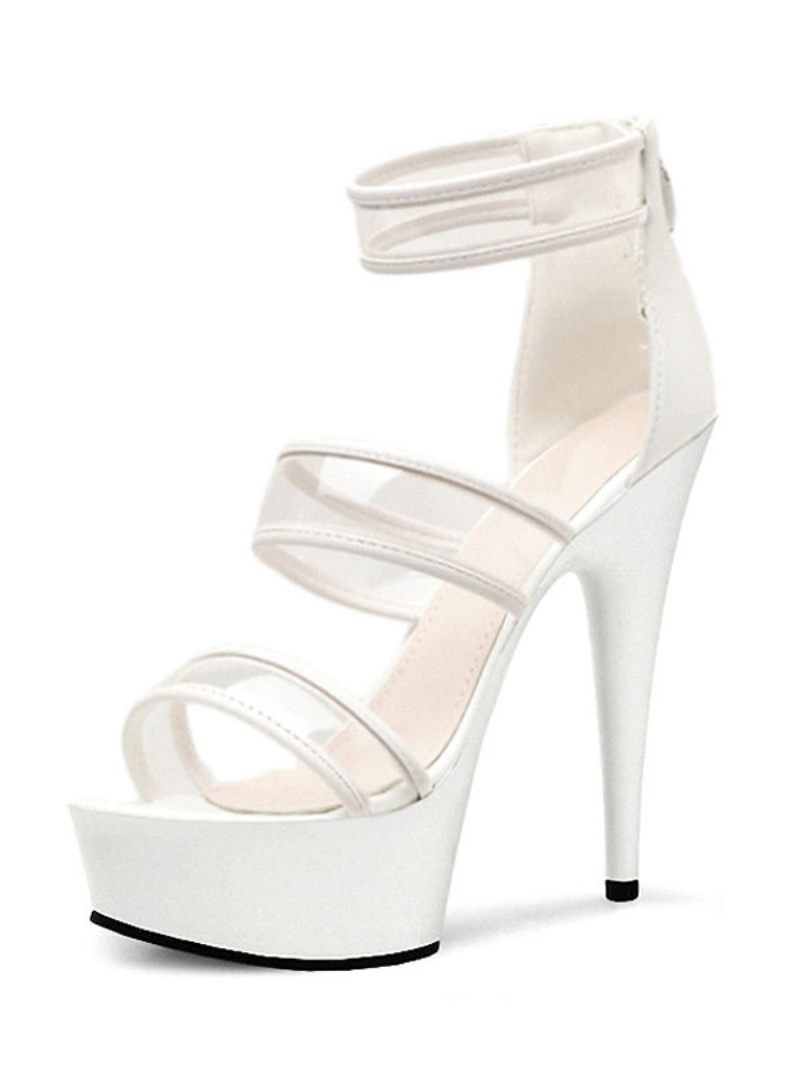Sandales Sexy Pour Femmes Cuir Pu Noir Bout Ouvert Talon Aiguille Bride À La Cheville Talons - Blanc