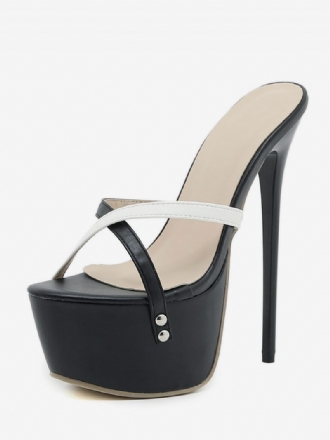 Sandales Sexy Pour Femmes Cuir Pu Noir Bout Rond 2.8 Pouces6.3 Pouces Chaussures
