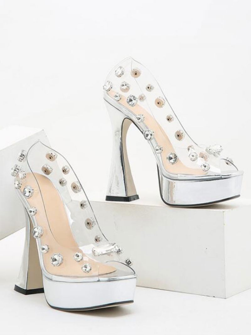 Sandales Sexy À Talons Hauts Pour Femmes Argent Cuir Pu Bout Ouvert Talon Épais - Argent