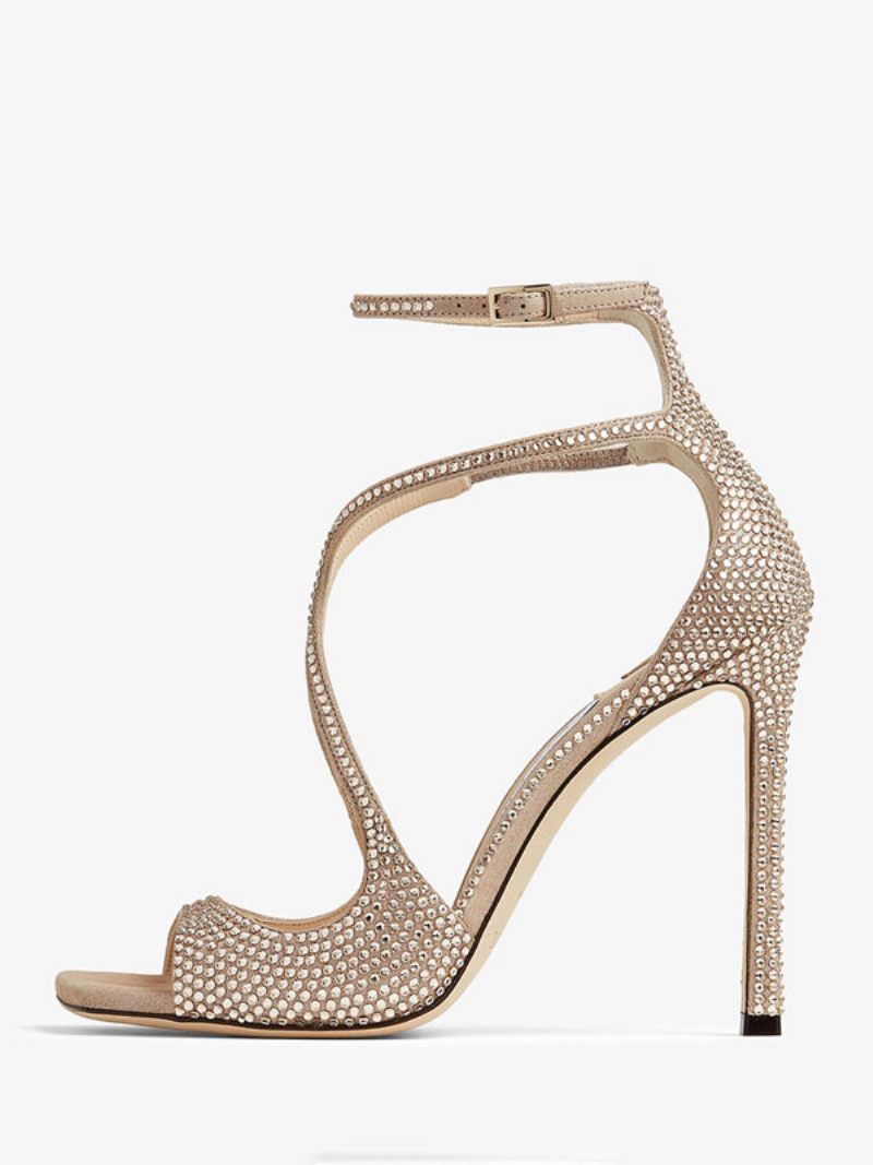 Sandales À Talons Hauts Pour Femmes Chaussures Bal Argentées Bout Ouvert Et Scintillantes - Champagne