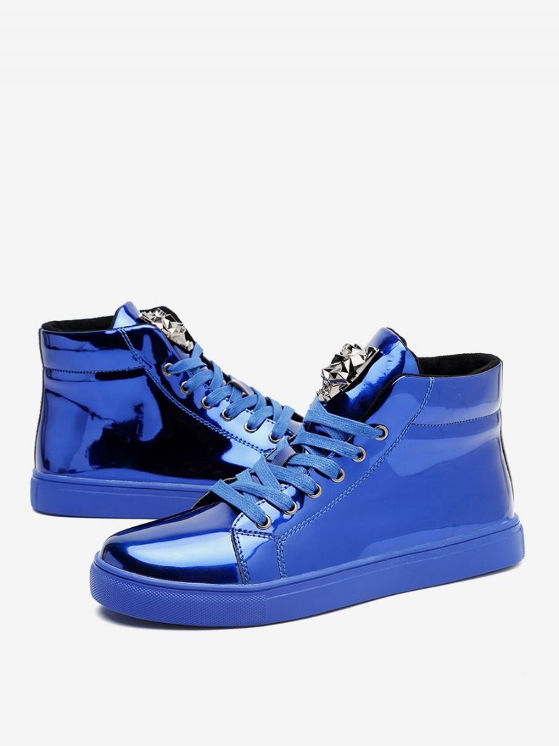 Baskets Confortables Cuir Verni Pour Hommes Bout Rond Détails Métal - Bleu