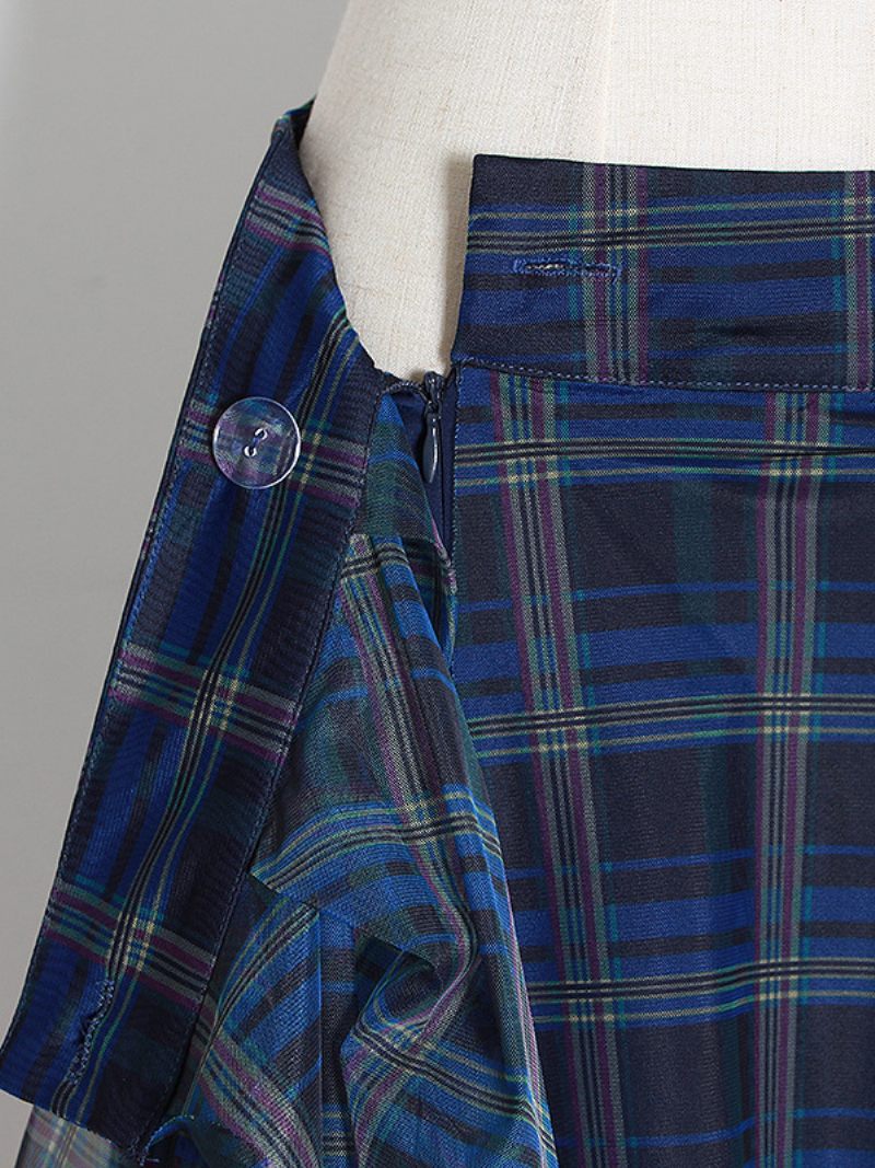 Jupe À Carreaux Écossais Pour Femmes Taille Haute Mouchoir Tulle Jupes Décontractées Quotidiennes - Bleu