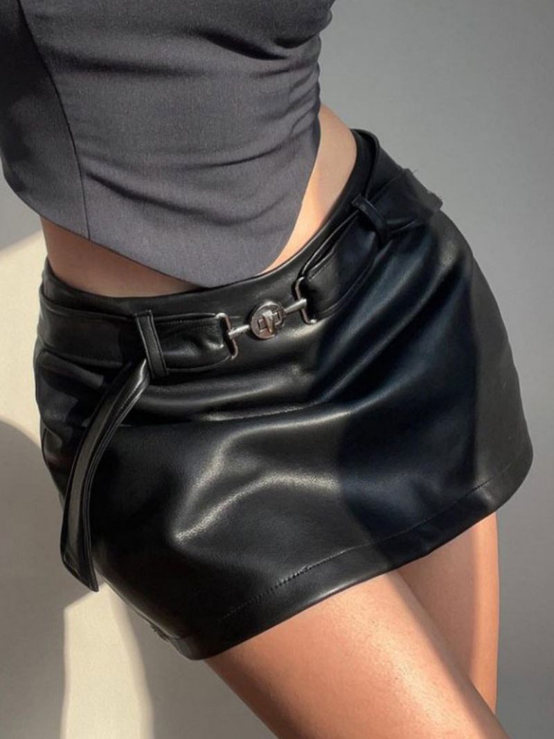 Jupe Femme Noir Détails Métal Pu Cuir Court Taille Basse Bas Pour Femmes - Noir