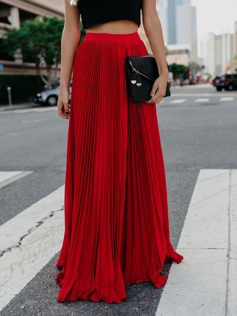Jupe Femme Rose Plissée Longue Taille Surélevée Bas - Rouge