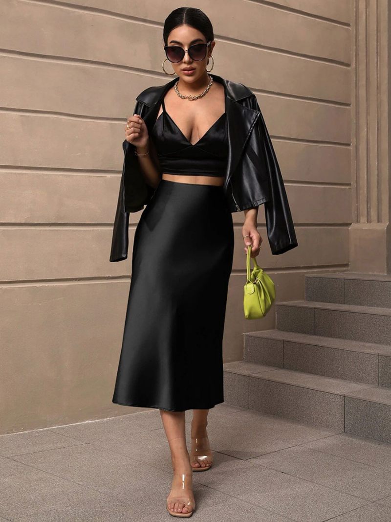 Jupe Noire Tissu Satiné Pour Femme Fermeture Éclair Longueur Mi-mollet Taille Surélevée Bas - Noir