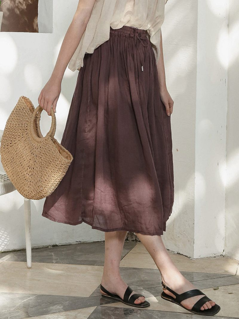 Jupes Blanc Coton Lin Taille Naturelle Élégant Surdimensionné Automne Long Bas Pour Femmes - Marron Café