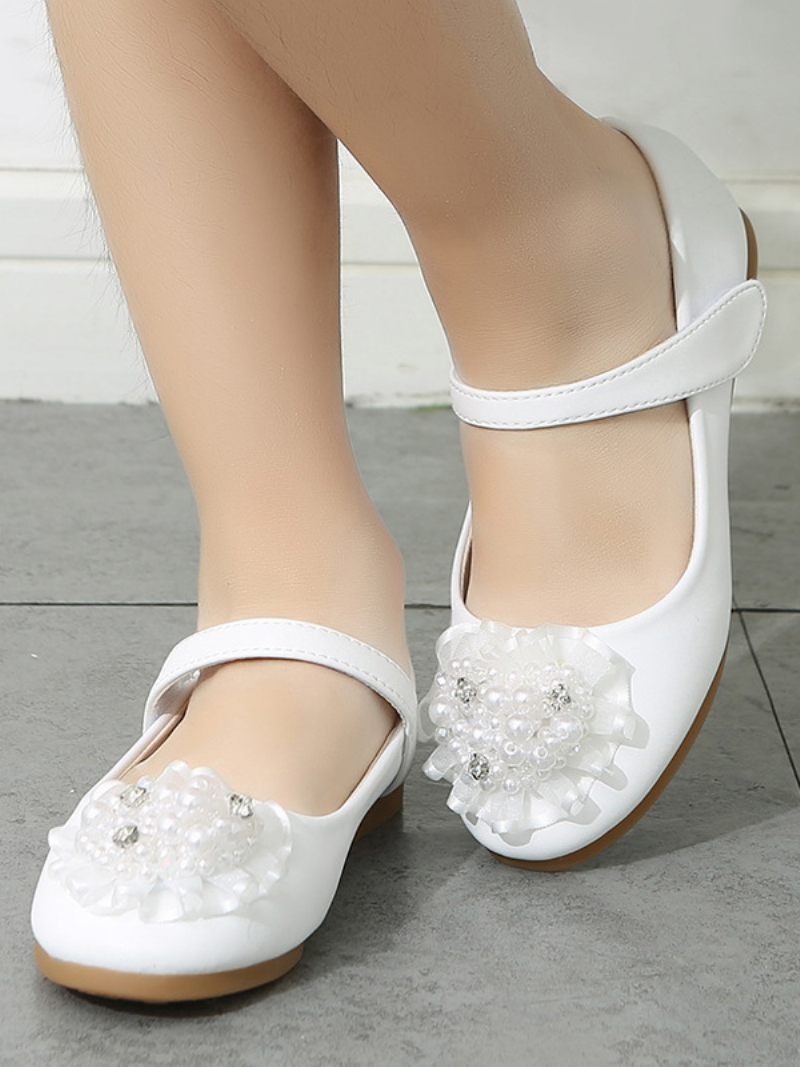 Chaussures Fille Fleur Fête Cuir Pu Rose Avec Perles Pour Enfants - Blanc
