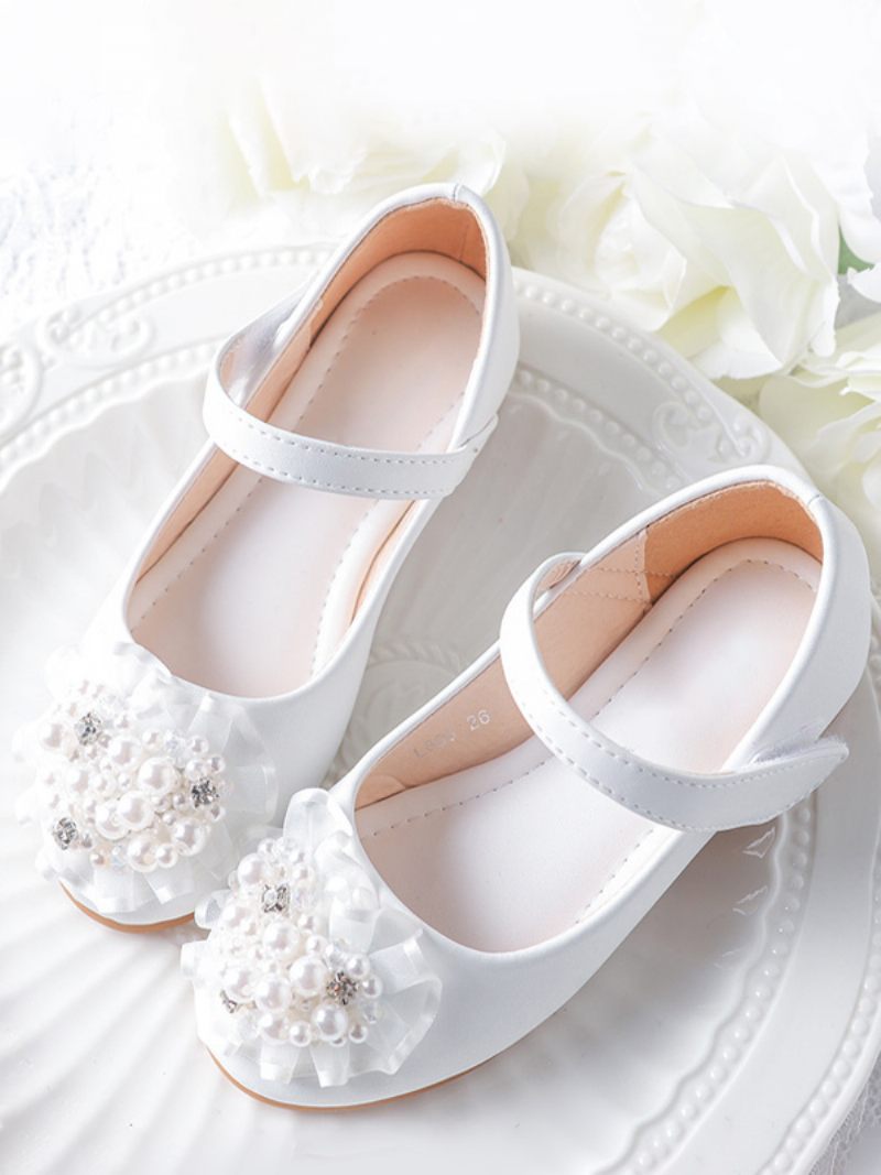 Chaussures Fille Fleur Fête Cuir Pu Rose Avec Perles Pour Enfants - Blanc