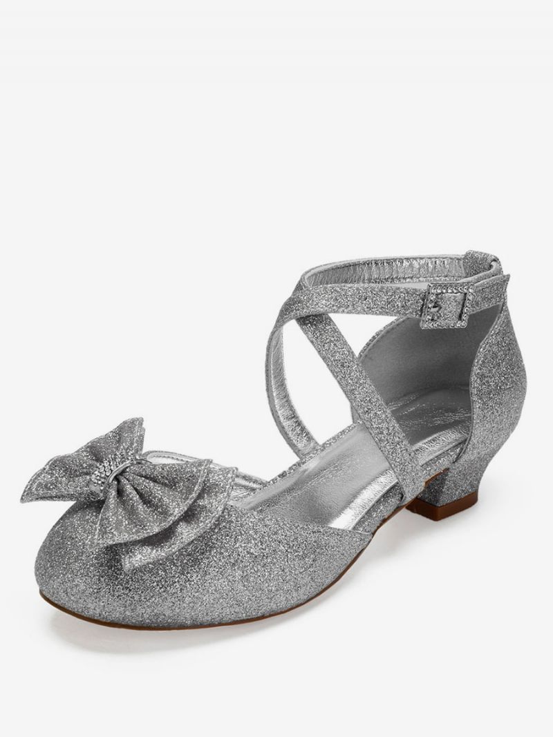 Chaussures Fille Fleur Mariage Plates À Nœud Pailleté Pour Les Filles - Argent