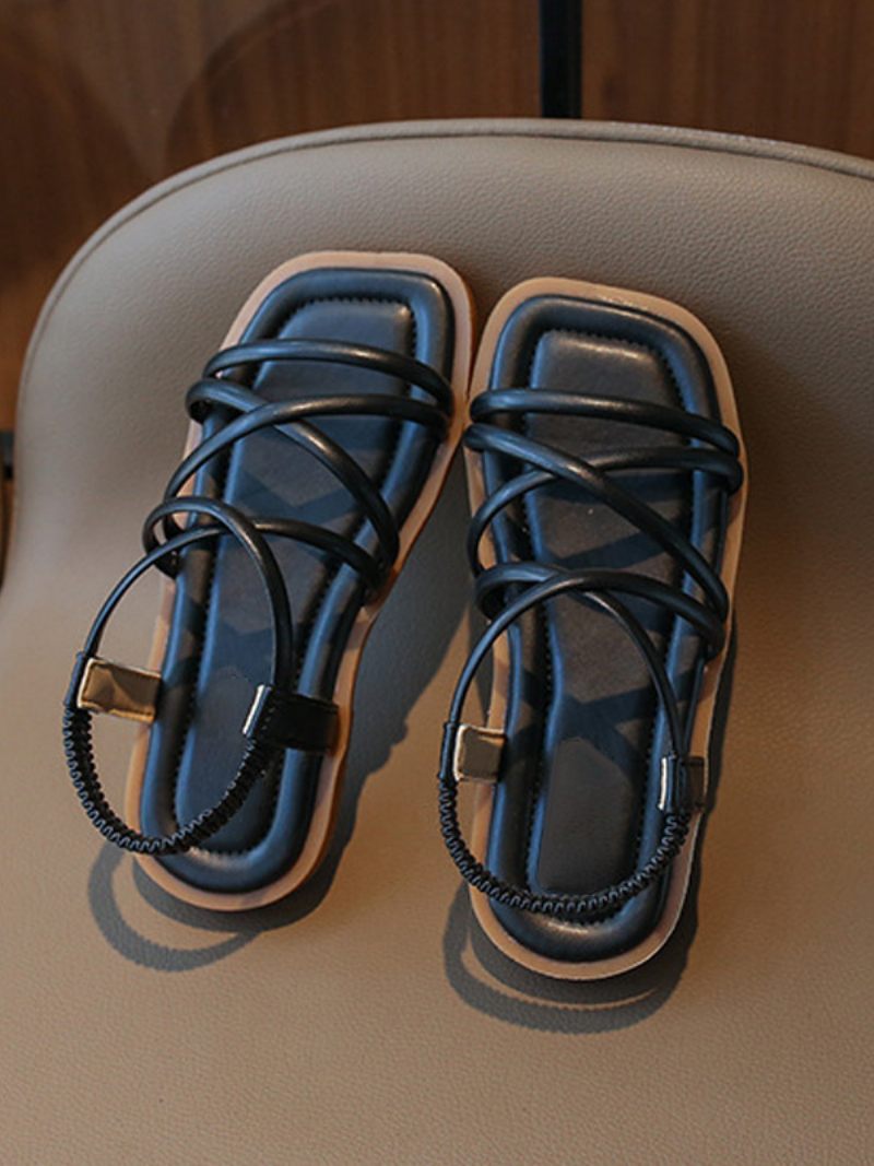 Sandales Blanches Pour Filles Chaussures À Bout Ouvert Et Lanières - Noir