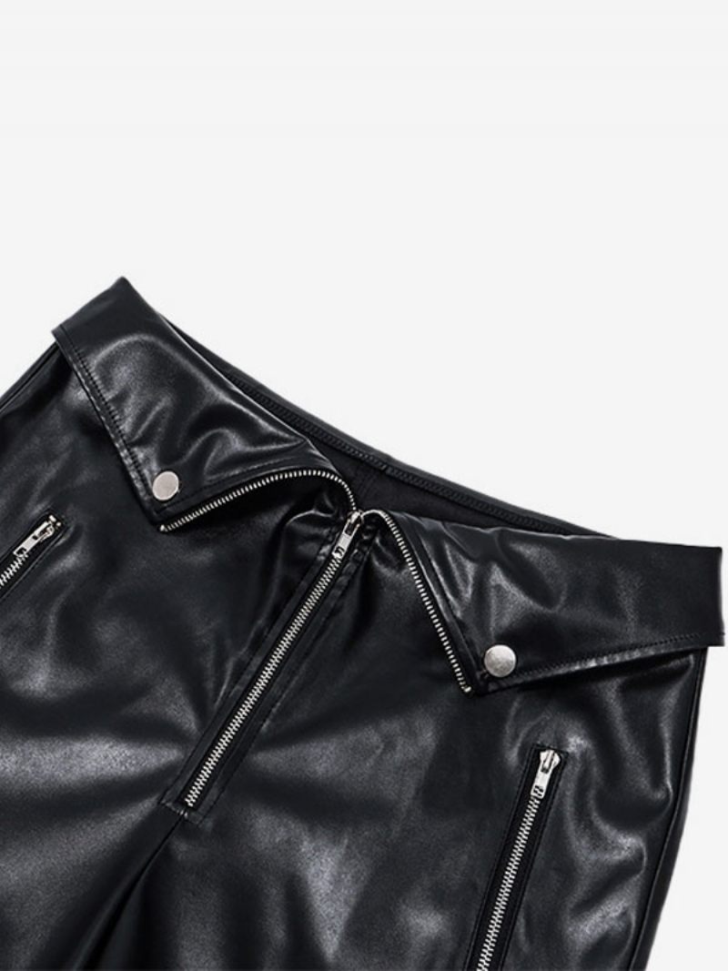 Pantalon Cuir Pu Droit Taille Haute Pour Femme - Noir