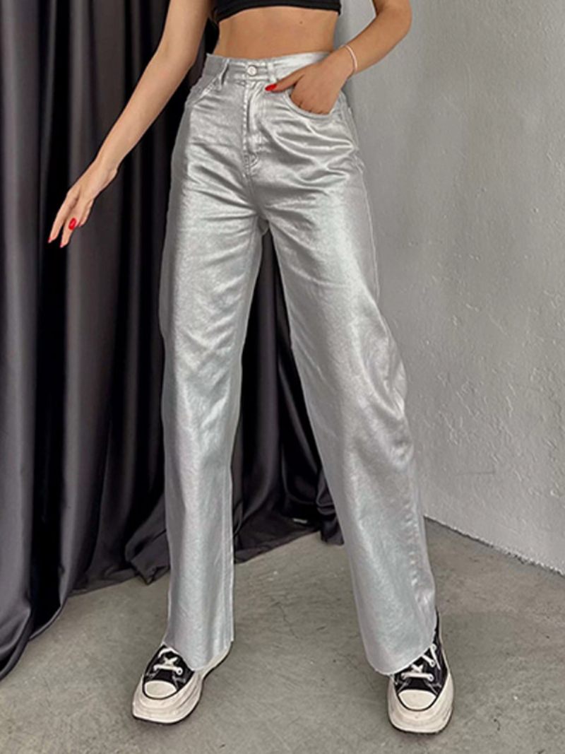 Pantalon Métallique Taille Haute Veste Pour Homme Large Femme - Argent