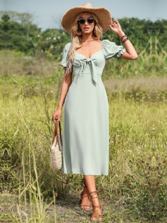 Robe D'été Pour Femmes Col Cœur Plissée Nouée Vert Pastel Plage Moyenne