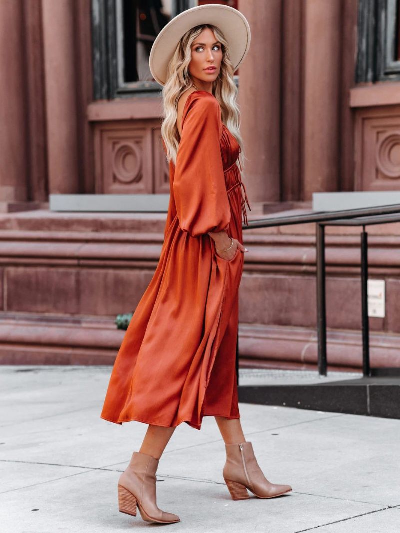 Robe Maxi Femme Col Carré Manches Longues Orange Rouge Longueur Sol - Rouge-Orange