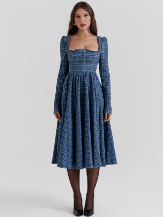 Robe Trapèze Bleu Marine Foncé Pour Femmes Col Carré Dos Nu Manches Longues Robes Mi-longues Jour