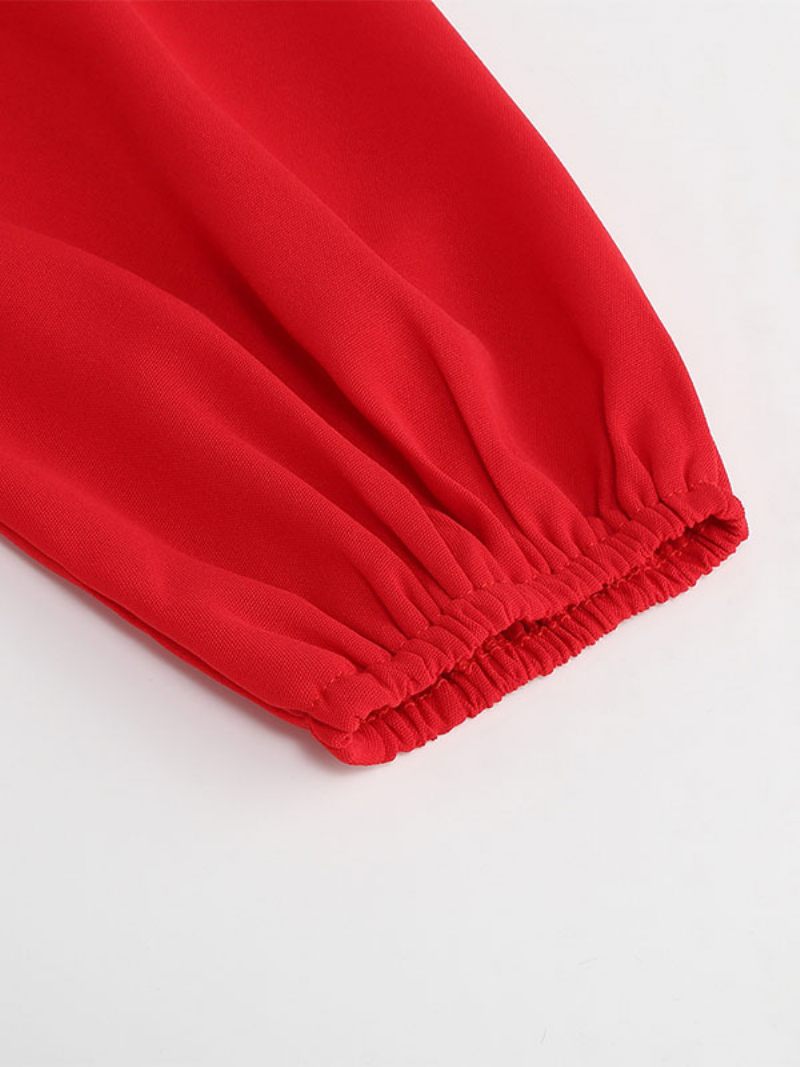 Robes Patineuses Pour Femmes Col V Vert Manches Longues Robe Ajustée Et Évasée Sexy - Rouge