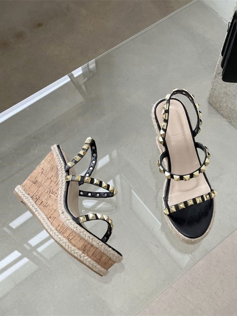 Sandales Compensées Pour Femmes Rivets Bout Rond Plateforme - Noir