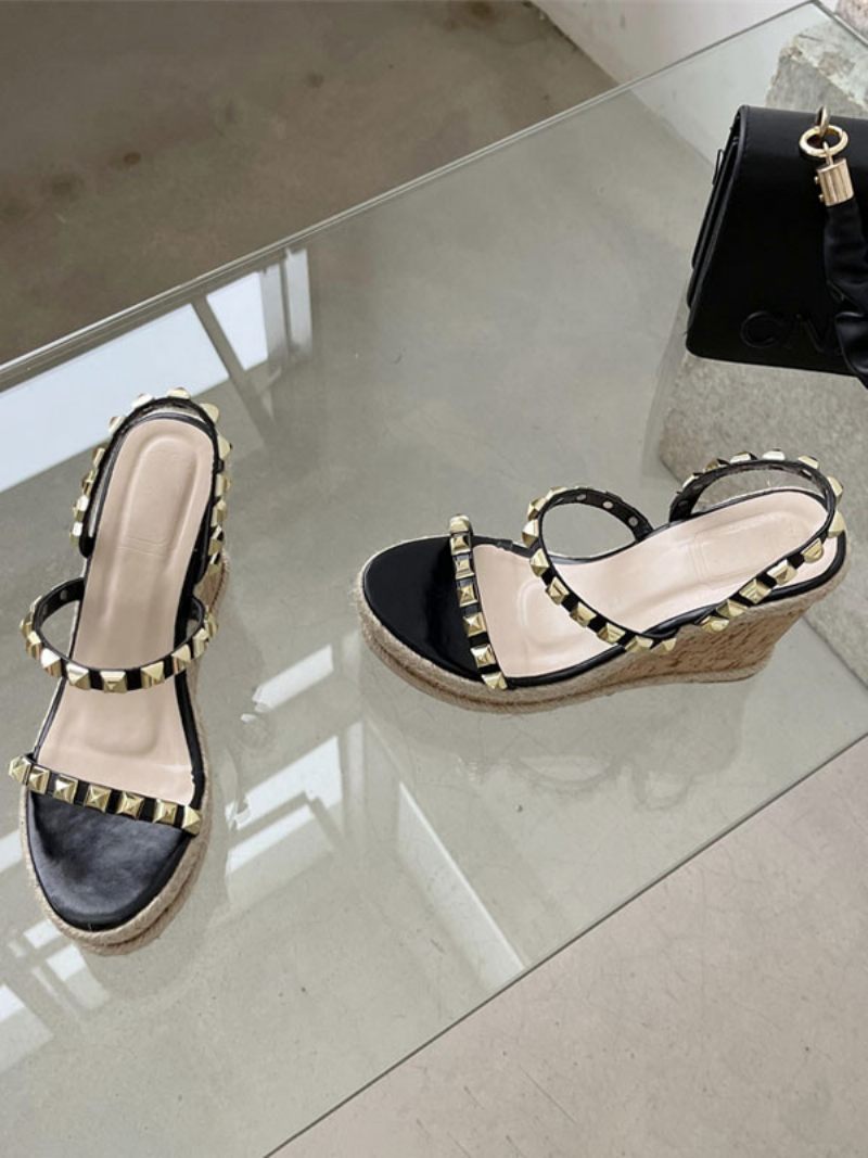 Sandales Compensées Pour Femmes Rivets Bout Rond Plateforme - Noir