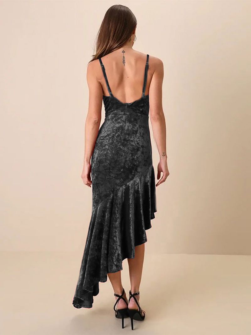 Robe Longue Velours Pour Femmes Bretelles Réglables Volants Asymétriques Robes Bal - Noir