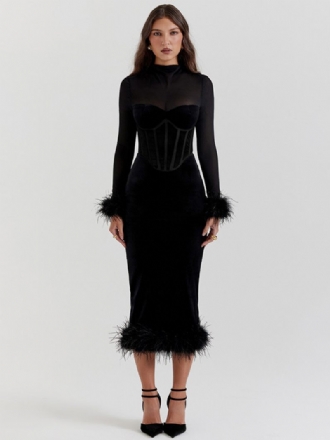 Robe À Plumes Noire Pour Femmes Manches Longues Robes Translucides Velours