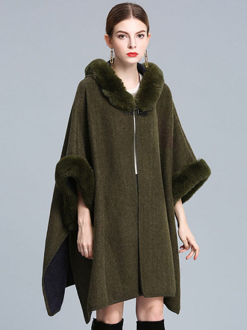 Cape À Capuche Fausse Fourrure Pour Femme Manteau Poncho D'automne 2024 - Vert
