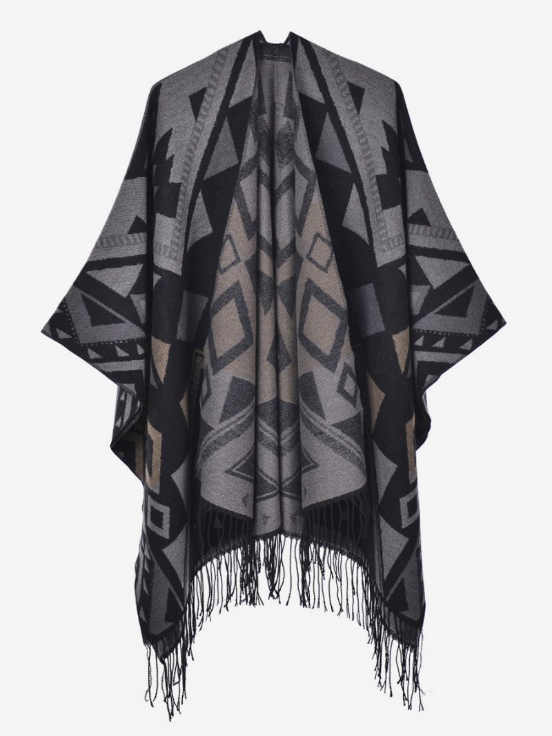 Cape Géométrique Pour Femme Avec Frange Poncho Surdimensionné Automne-hiver - Noir