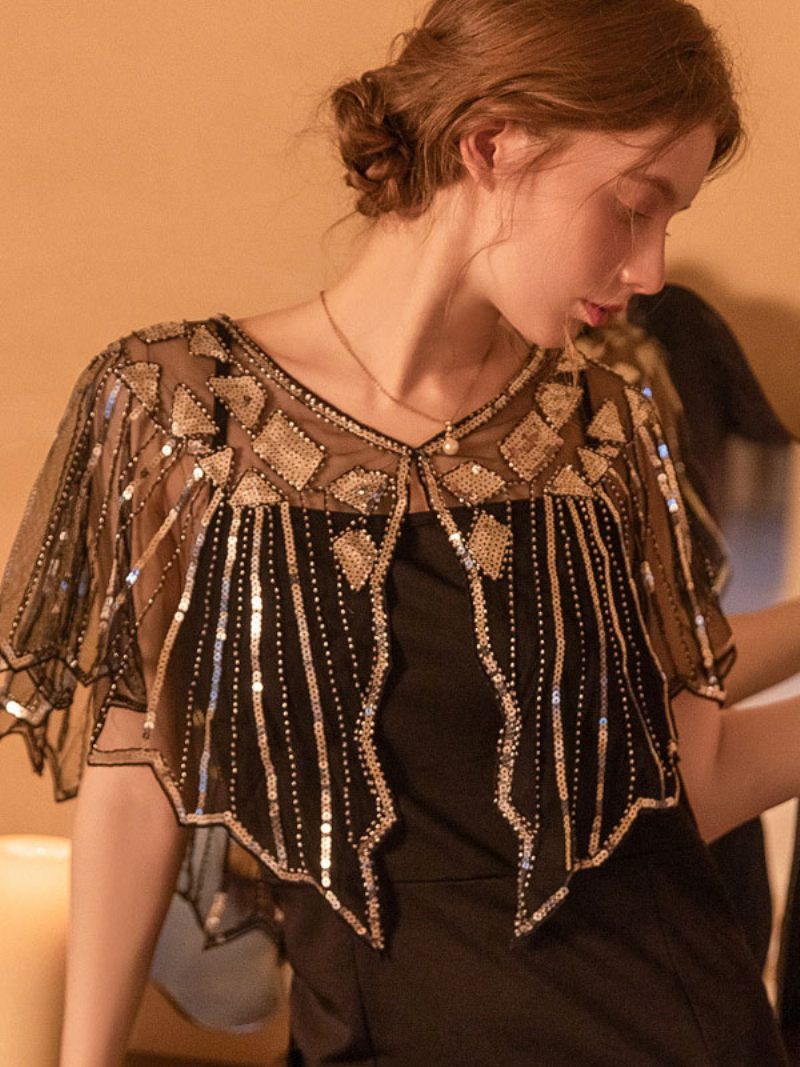 Cape Poncho À Paillettes Transparentes Col V Pour Femme Des Années 1920 - Or Noir