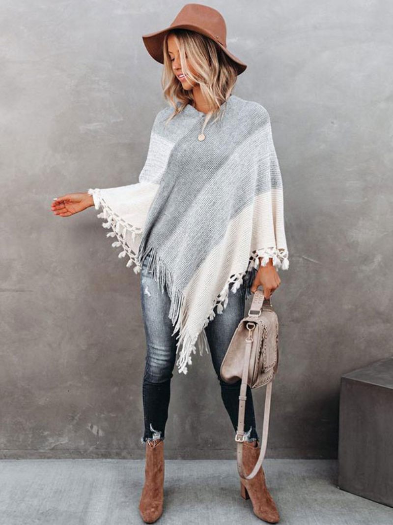 Poncho Femme Col V Gris Couches Franges Cape Vêtements D'extérieur Printemps