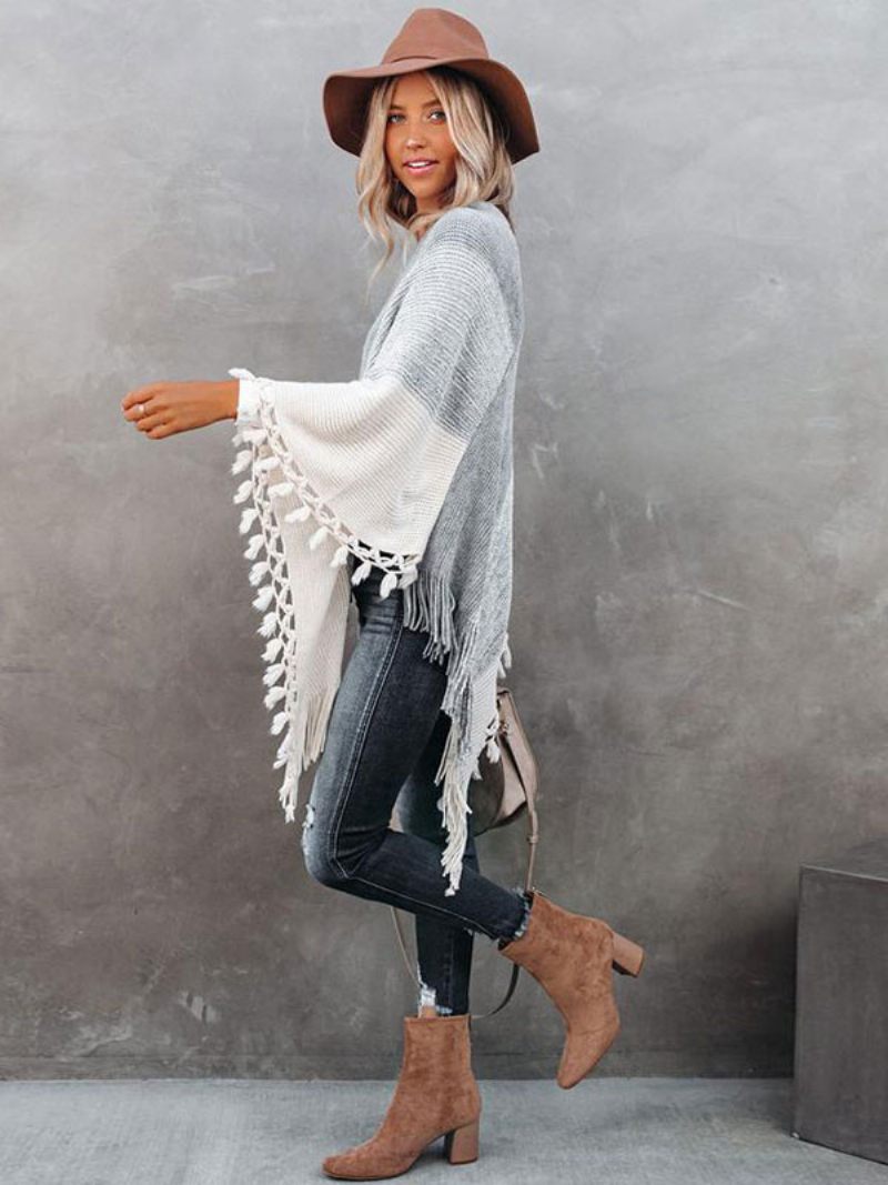 Poncho Femme Col V Gris Couches Franges Cape Vêtements D'extérieur Printemps - Gris