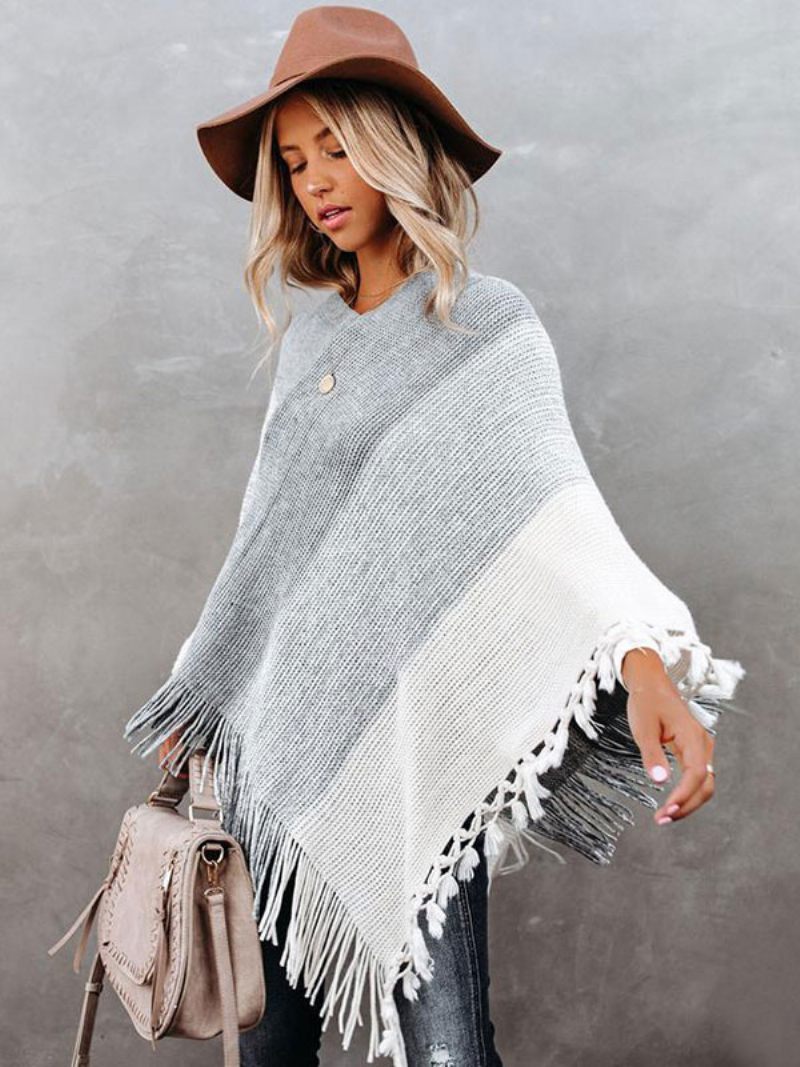Poncho Femme Col V Gris Couches Franges Cape Vêtements D'extérieur Printemps - Gris