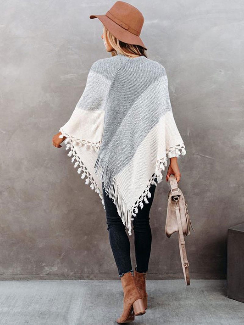 Poncho Femme Col V Gris Couches Franges Cape Vêtements D'extérieur Printemps - Gris