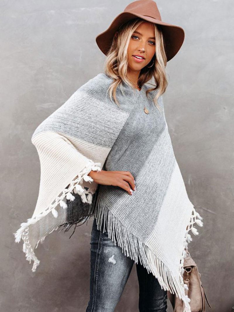 Poncho Femme Col V Gris Couches Franges Cape Vêtements D'extérieur Printemps - Gris