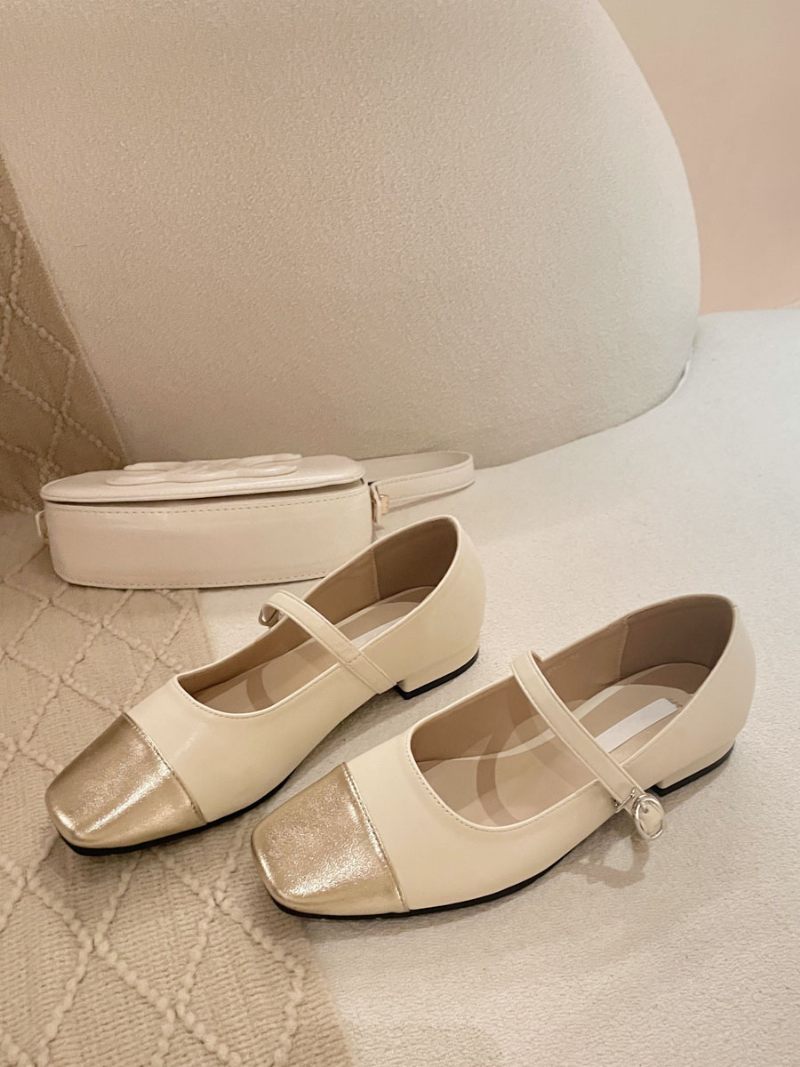 Ballerines Cuir Pu À Bout Carré Pour Femmes - Champagne