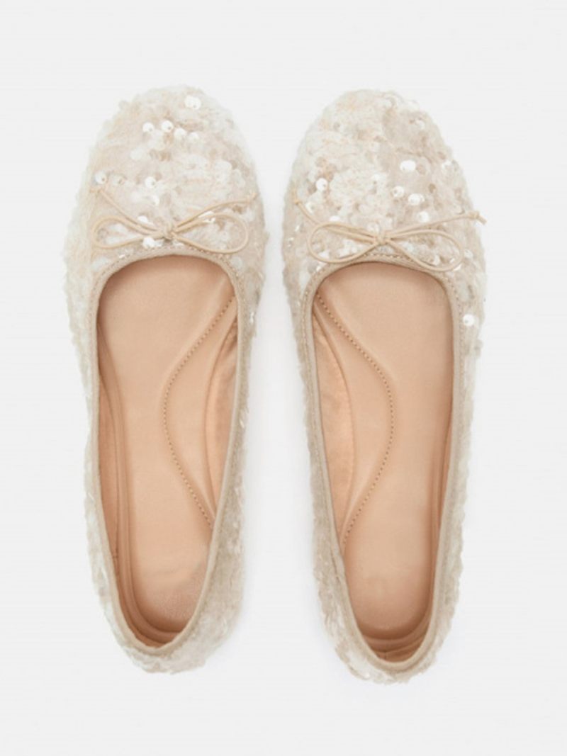 Ballerines Pour Femmes Paillettes Bout Rond Ballerine Chaussures Fête Plates - Beige